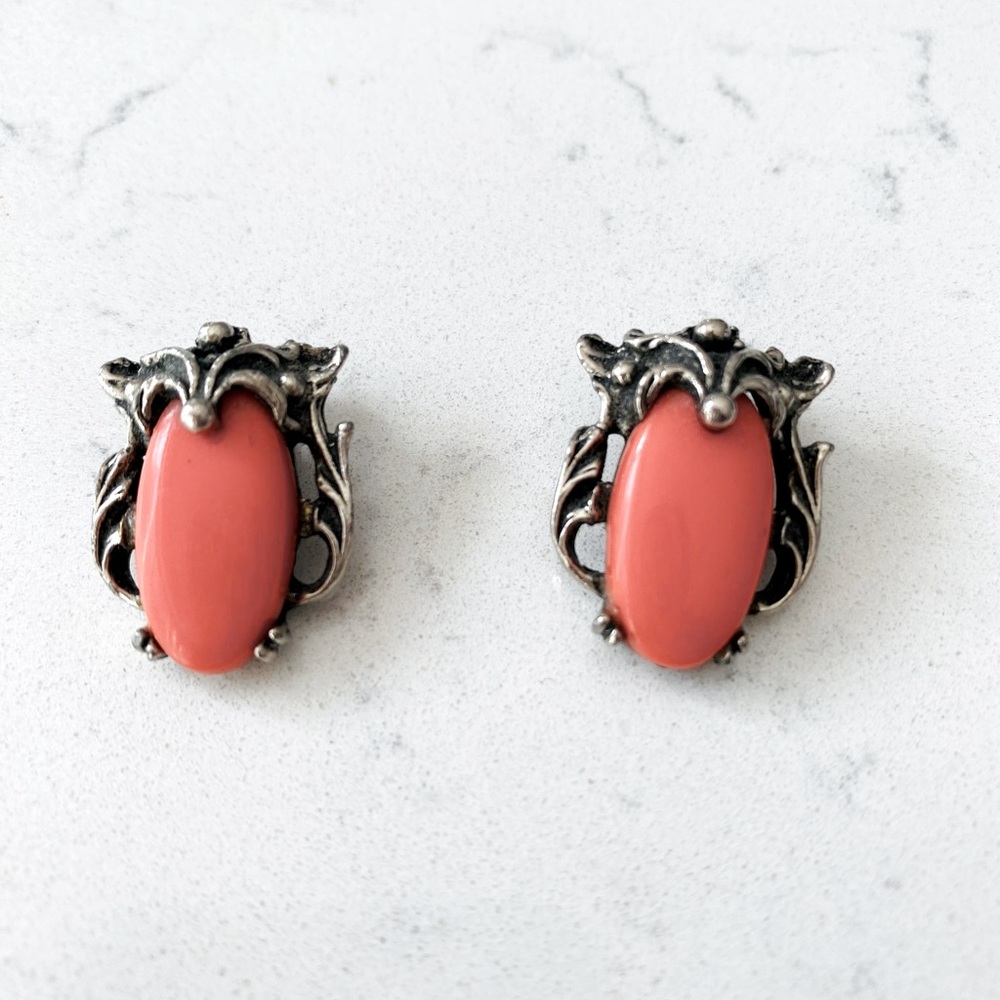 Clip-on vintage earrings, coral pink and silver